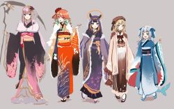 Rule 34 | adapted costume, alternate costume, animal ears, black footwear, black kimono, blonde hair, blue eyes, blue footwear, blue hair, blue kimono, blue ribbon, blush, brown footwear, brown headwear, brown kimono, closed mouth, commentary, dango, earrings, english commentary, extra ears, feather earrings, feathers, fins, fish tail, flower, food, formal, full body, furisode, gawr gura, gear hair ornament, geta, grey background, hair flower, hair ornament, hair ribbon, halo, hat, highres, holding, holding food, holding scythe, hololive, hololive english, japanese clothes, jewelry, kimono, light blue hair, long hair, looking at viewer, mole, mole under eye, mori calliope, multicolored hair, ninomae ina&#039;nis, obi, open mouth, orange hair, orange kimono, pink eyes, pink hair, pointy ears, purple eyes, purple footwear, purple hair, purple kimono, ribbon, sandals, sash, scythe, shark tail, short hair, silver hair, simple background, sketch, smile, standing, standing on one leg, straight hair, streaked hair, tabi, tail, takanashi kiara, ten-chan (eternal s), tentacle hair, two-tone hair, virtual youtuber, wagashi, watson amelia, wide sleeves, zouri