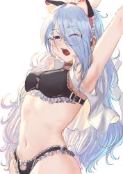 Rule 34 | 1girl, animal ears, aochoku, arms up, black bra, black pants, blue eyes, blue hair, blush, bra, breasts, cat ears, cat tail, choker, collared shirt, cropped shirt, eyes visible through hair, fake animal ears, frilled bra, frilled panties, frills, glasses, hair over one eye, hairband, half-closed eye, highres, long hair, looking at viewer, navel, one eye closed, open mouth, original, panties, pants, round eyewear, shirt, simple background, sleeveless, sleeveless shirt, small breasts, solo, stretching, tail, tongue, tongue out, underwear, upper body, white background, yawning