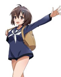 Rule 34 | 1girl, arm up, backpack, bag, blouse, blue one-piece swimsuit, blue sailor collar, blue shirt, brave witches, brown eyes, brown hair, commentary request, cowboy shot, hair ornament, hairclip, highres, kaneko (novram58), karibuchi hikari, long sleeves, looking at viewer, neckerchief, no pants, one-piece swimsuit, open mouth, sailor collar, shirt, short hair, simple background, smile, solo, standing, swimsuit, swimsuit under clothes, waving, white background, white neckerchief, world witches series