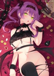 Rule 34 | 1girl, :o, bare shoulders, black bra, black panties, black thighhighs, blurry, bra, breasts, chain, cuffs, demon wings, depth of field, detached collar, earrings, eyepatch, unworn eyepatch, fang, green eyes, groin, hairband, handcuffs, highres, hololive, jewelry, large breasts, lingerie, long hair, looking at viewer, lying, navel, necklace, on back, open mouth, panties, purple hair, rurudo, side-tie panties, solo, stomach, strap, string panties, thighhighs, third-party edit, tokoyami towa, twintails, underboob, underwear, underwear only, virtual youtuber, wings