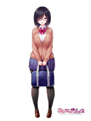 Rule 34 | 1girl, bag, black hair, bow, bowtie, breasts, copyright name, feet, female focus, full body, glasses, glasses over hair, hair over one eye, happy, highres, holding, holding bag, huge breasts, legs, legs apart, long sleeves, looking at viewer, miyashiro ryuutarou, netorare device nettogemu de kawatta kanojo, open mouth, original, own hands together, pantyhose, purple eyes, red bow, school bag, school uniform, shoes, short hair, simple background, skirt, smile, solo, thighs, white background