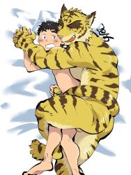 Rule 34 | animal ears, artist name, blush, closed eyes, commentary request, completely nude, facing another, fangs, flying sweatdrops, furry, furry male, furry with non-furry, highres, hiroyuki nishimura (morenatsu), holding hands, hug, interspecies, looking at another, male focus, morenatsu, nude, open mouth, shirako (kirupi), smile, spooning, tail, tail lock, tail wrap, tiger boy, tiger ears, tiger stripes, tiger tail, torahiko oshima, yaoi