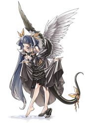 Rule 34 | 1girl, angel wings, asymmetrical wings, bare legs, bare shoulders, barefoot, belt, black choker, black dress, blue hair, breasts, choker, cleavage, cleavage cutout, closed mouth, clothes lift, clothing cutout, collarbone, curtsey, dizzy (guilty gear), dong hole, dress, feathered wings, feet, full body, guilty gear, guilty gear xrd, hair behind ear, hair between eyes, hair ribbon, hair rings, high heels, highres, large breasts, long hair, looking down, mature female, monster girl, off-shoulder dress, off shoulder, pulled by self, red eyes, ribbon, ripples, sidelocks, simple background, skirt, skirt lift, solo, tail, tail ornament, tail ribbon, twintails, water, white background, wide sleeves, wings, yellow ribbon