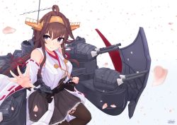 Rule 34 | 1girl, ahoge, alakoala, bare shoulders, black skirt, black thighhighs, brown hair, cherry blossoms, detached sleeves, double bun, hair between eyes, hair bun, hairband, headgear, highres, japanese clothes, kantai collection, kongou (kancolle), kongou kai ni (kancolle), long hair, machinery, nontraditional miko, petals, pleated skirt, purple eyes, skirt, smile, solo, thighhighs, turret, wide sleeves