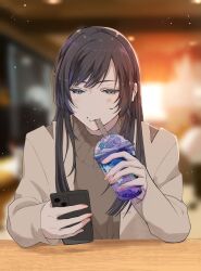 Rule 34 | 1girl, ado (utaite), black hair, blue eyes, blush, brown jacket, brown sweater, casual, cellphone, chando (ado), cloud nine inc, commentary, cup, disposable cup, drinking straw, drinking straw in mouth, gunzi (gunzi miyuu 03), highres, holding, holding cup, holding phone, indoors, jacket, long hair, long sleeves, mole, mole under eye, open clothes, open jacket, phone, smartphone, solo, sweater, symbol-only commentary, utaite