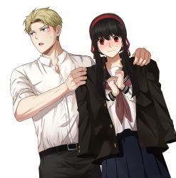 Rule 34 | 1boy, 1girl, absurdres, belt, black hair, blazer, blonde hair, blue eyes, blush, closed mouth, collared shirt, commentary request, hairband, half-closed eyes, haoho, highres, jacket, looking at viewer, open mouth, pants, pleated skirt, red eyes, red hairband, sailor collar, school uniform, serafuku, shirt, short sleeves, sidelocks, simple background, skirt, spy x family, twilight (spy x family), wavy mouth, white background, yor briar