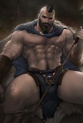 Rule 34 | 1boy, abs, arrow (projectile), bara, bare pectorals, beard, blue cape, bulge, cape, chest hair, dopey (dopq), facial hair, feet out of frame, highres, holding, holding arrow, large pectorals, male focus, male pubic hair, mature male, mohawk, muscular, muscular male, mustache, navel, navel hair, nipples, original, paid reward available, pantheon (league of legends), pectorals, pelvic curtain, pubic hair, revealing clothes, scar, scar on chest, short hair, solo, spread legs, stomach, thick eyebrows, thick thighs, thighs, tied beard