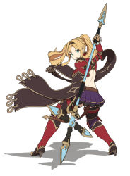 Rule 34 | 1girl, back, black hairband, blonde hair, boots, braid, full body, granblue fantasy, granblue fantasy versus, green eyes, hairband, high heel boots, high heels, highres, holding, holding weapon, houtengeki, long hair, looking back, midriff, polearm, purple skirt, red footwear, shadow, simple background, skirt, solo, spear, thigh boots, thighhighs, twintails, weapon, white background, zeta (granblue fantasy)