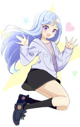 Rule 34 | 1girl, :d, \||/, absurdres, black footwear, black skirt, black socks, blue hair, commentary request, full body, hands up, heart, highres, jacket, jyoji00, kneehighs, light blush, long hair, long sleeves, looking at viewer, open clothes, open jacket, open mouth, original, purple eyes, purple shirt, shirt, shoes, simple background, skirt, smile, socks, solo, star (symbol), white background