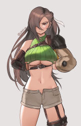 Rule 34 | 1girl, breasts, brown eyes, brown hair, clothes pull, cosplay, female focus, final fantasy, final fantasy vii, fire emblem, fire emblem fates, frown, hair over one eye, highres, kagero (fire emblem), large breasts, long hair, matching hair/eyes, midriff, navel, nintendo, open fly, shirt pull, solo, spiffydc, underboob, undersized clothes, yuffie kisaragi, yuffie kisaragi (cosplay)