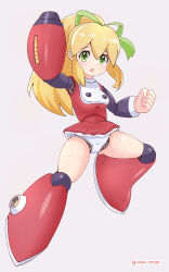 Rule 34 | 1girl, absurdres, android, arm cannon, blonde hair, blush, bow, breasts, commentary request, dress, fighting stance, green bow, green eyes, high ponytail, highres, joints, looking at viewer, mechanical arms, mechanical parts, medium breasts, mega man (classic), mega man (series), microskirt, nervous, panties, rasen manga, red dress, red footwear, robot girl, robot joints, roll (mega man), sidelocks, signature, skirt, solo, underwear, weapon, white panties