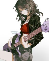 1girl bang_dream! bang_dream!_it&#039;s_mygo!!!!! black_choker black_jacket black_nails character_name chinese_commentary choker closed_mouth commentary_request crop_top earrings electric_bass_guitar grey_eyes grey_skirt highres hikawayunn instrument jacket jewelry midriff music nail_polish necklace open_clothes open_jacket playing_bass_guitar playing_instrument red_shirt shirt simple_background skirt solo white_background yahata_umiri