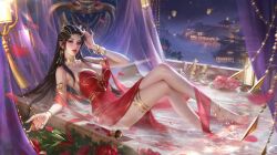 Rule 34 | 1girl, absurdres, bare shoulders, barefoot, bathtub, bracelet, brown hair, building, cai lin (doupo cangqiong), crossed legs, doupo cangqiong, feet, flower, hair ornament, highres, jewelry, knees up, lantern, lantern festival, legs, long hair, miaomiao hao haochi miao, necklace, night, parted lips, petals, petals on liquid, pink flower, pointy ears, second-party source, sky lantern, solo, thighlet, toenails, toes, water