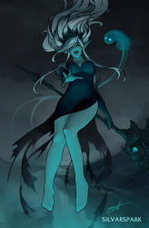 Rule 34 | 1girl, alternate costume, artist name, barefoot, black dress, black gloves, black sclera, breasts, colored sclera, covered navel, crown, dress, elbow gloves, ghost, ghost girl, gloves, green eyes, grey hair, highres, holding, holding staff, janna (league of legends), large breasts, league of legends, long hair, no toes, signature, solo, staff, thorsten erdt