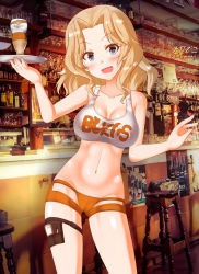 Rule 34 | 1girl, adapted costume, blonde hair, blouse, blue eyes, blush, breasts, cameltoe, cleavage, girls und panzer, highres, hooters, kay (girls und panzer), large breasts, looking at viewer, megadeko, midriff, navel, open mouth, orange shorts, photo background, print shirt, shirt, shorts, smile, solo, thigh strap, white shirt