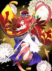 Rule 34 | 1girl, ;o, apron, benienma (fate), eyes visible through hair, fate/grand order, fate (series), feathers, flower, geta, glint, green322, hat, holding, holding sword, holding weapon, japanese clothes, katana, long sleeves, looking at viewer, mini hat, one eye closed, open mouth, platform clogs, ponytail, red eyes, red hair, solo, sparkle, sword, tabi, teeth, v-shaped eyebrows, weapon, white apron, wide sleeves