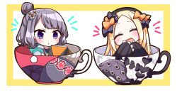 Rule 34 | 2girls, :d, ^ ^, abigail williams (fate), black bow, black dress, black headwear, blonde hair, blush, bow, chibi, closed eyes, commentary request, cup, dress, facing viewer, fate/grand order, fate (series), grey jacket, hair bow, hair bun, hands up, hat, head tilt, highres, hood, hood down, hooded jacket, in container, in cup, jacket, jako (jakoo21), katsushika hokusai (fate), katsushika hokusai (traveling outfit) (fate), long hair, long sleeves, mini person, minigirl, multiple girls, multiple hair bows, official alternate costume, open clothes, open jacket, open mouth, orange bow, parted bangs, polka dot, polka dot bow, purple eyes, purple hair, single hair bun, sketchbook, sleeves past fingers, sleeves past wrists, smile, tentacles, two-tone background, white background, yellow background