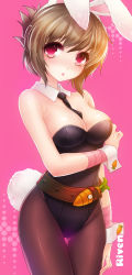 Rule 34 | 1girl, animal ears, bad id, bad pixiv id, battle bunny riven, belt, between breasts, black pantyhose, blush, breasts, brown hair, cleavage, detached collar, fake animal ears, folded ponytail, keikazz, large breasts, league of legends, leotard, looking at viewer, necktie, necktie between breasts, pantyhose, pink eyes, playboy bunny, rabbit ears, rabbit tail, riven (league of legends), short hair, solo, tail, wrist cuffs