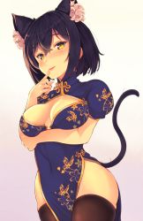 Rule 34 | 1girl, :d, animal ear fluff, animal ears, arm under breasts, black hair, blue dress, blush, bow, breasts, cat ears, cat tail, china dress, chinese clothes, cleavage cutout, clothing cutout, cowboy shot, dress, finger to mouth, highres, looking at viewer, medium breasts, mizuyoukan (mikususannda), mole, mole under eye, nijisanji, open mouth, pelvic curtain, puffy short sleeves, puffy sleeves, shizuka rin, short hair, short sleeves, skindentation, smile, solo, tail, virtual youtuber, yellow eyes