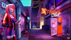 Rule 34 | 1girl, alley, breasts, choker, cleavage, collar, commentary, commission, dress, english commentary, hand in pocket, holding, holding phone, jacket, light smile, long hair, looking at viewer, manda schank, mascot, medium breasts, neon lights, night, nightclub, nose, phone, purple dress, red (strippin), red eyes, red hair, see-through, see-through legwear, short dress, smile, solo, standing, striped, strippin, thighhighs, track jacket, twintails, twitch.tv, vertical stripes, vrchat, zettai ryouiki