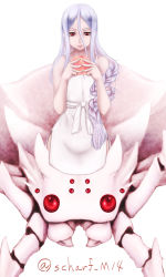 Rule 34 | 1girl, :t, arachne, arthropod girl, bare shoulders, braid, closed mouth, collarbone, commentary request, dress, eating, extra eyes, food, hair between eyes, highres, holding, holding food, insect girl, kumo desu ga nani ka?, kumoko (kumo desu ga nani ka?), long hair, looking at viewer, monster girl, pale skin, red eyes, scharfschutze, side slit, sidelocks, simple background, single braid, sleeveless, sleeveless dress, solo, spider girl, spoilers, standing, taur, twitter username, very long hair, white background, white dress, white hair