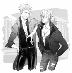 Rule 34 | 2boys, achilles (fate), bad id, bad pixiv id, changye, contemporary, denim, fate/grand order, fate (series), greyscale, hands in pockets, jeans, jewelry, leather, leather pants, monochrome, multiple boys, necklace, odysseus (fate), pants, plunging neckline, ponytail, torn clothes, torn jeans, torn pants, undercut