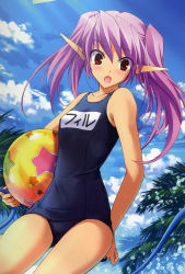 Rule 34 | 1girl, absurdres, ball, beachball, blush, elf, highres, long hair, one-piece swimsuit, onigirikun, open mouth, pastel chime, pastel chime continue, phil ehart, pointy ears, purple hair, red eyes, school swimsuit, solo, swimsuit, twintails