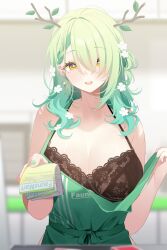 1girl alternate_costume antlers apron asymmetrical_bangs black_bra blurry blurry_background blush bra braid braided_bangs breasts ceres_fauna cleavage commentary deyui english_commentary flower gradient_hair green_apron green_hair hair_flower hair_ornament hair_over_one_eye hair_over_shoulder highres holding hololive hololive_english horns lace lace_bra large_breasts long_bangs long_hair looking_at_viewer mole mole_under_eye multicolored_hair open_mouth single_hair_ring smile solo store_clerk strap_pull underwear virtual_youtuber yellow_eyes