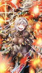 Rule 34 | 1girl, armor, bandaged head, bandages, bodystocking, breasts, cleavage, commentary request, crazy smile, crosshair, goddess of victory: nikke, grey hair, hair ornament, hair ribbon, highres, kanchiyo, large breasts, long hair, looking at viewer, modernia (nikke), open mouth, orange hair, ribbon, see-through, see-through cleavage, smile, solo, teeth