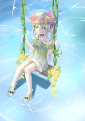 Rule 34 | 1girl, absurdres, commentary request, detached sleeves, genshin impact, gradient hair, green eyes, hair between eyes, head wreath, highres, jewelry, long hair, looking at viewer, multicolored hair, nahida (genshin impact), necklace, official alternate costume, pointy ears, ramua, short sleeves, side ponytail, sidelocks, sitting, smile, solo, swing, symbol-shaped pupils, white hair