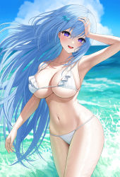 Rule 34 | 1girl, :d, arm up, armpits, bare arms, bare shoulders, bikini, blue hair, breasts, cleavage, collarbone, cowboy shot, day, emori miku, floating hair, frilled bikini, frills, hair ornament, halterneck, hand on own head, highres, kohanayuki, large breasts, liver city, long hair, looking at viewer, navel, ocean, open mouth, outdoors, purple eyes, skindentation, smile, solo, standing, stomach, strap gap, string bikini, swimsuit, thighs, very long hair, wet, white bikini