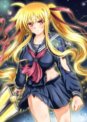Rule 34 | 1girl, bardiche (nanoha), bardiche (zanber form) (nanoha), blonde hair, blood-c, blood-c the last dark, blush, cosplay, diesel-turbo, fate testarossa, hair ribbon, kisaragi saya, kisaragi saya (cosplay), long hair, lyrical nanoha, mahou shoujo lyrical nanoha, mahou shoujo lyrical nanoha strikers, midriff, mizuki nana, red eyes, red ribbon, ribbon, school uniform, skirt, solo, sword, torn clothes, twintails, very long hair, voice actor connection, weapon