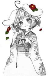 Rule 34 | 1girl, :3, animal ears, bad id, bad pixiv id, bowl, chopsticks, floral print, flower, gotou (nekocat), hair flower, hair ornament, head tilt, highres, holding, inaba tewi, japanese clothes, kimono, long sleeves, looking at viewer, monochrome, obi, rabbit ears, red flower, sash, short hair, simple background, smile, solo, spot color, touhou, traditional media, white background, wide sleeves, yukata