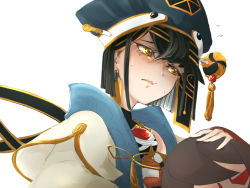 Rule 34 | 1girl, black gloves, black hair, blue headwear, breasts, chinese clothes, yu mei-ren (fate), crying, crying with eyes open, doll, enginate, fate/grand order, fate (series), fingerless gloves, gem, gloves, hair between eyes, hair ornament, hair over one eye, hair stick, holding, holding doll, long sleeves, looking to the side, medium hair, mole, mole under eye, simple background, small breasts, solo, straight hair, tassel, tears, upper body, white background, xu fu (fate)