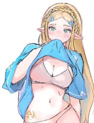Rule 34 | 1girl, blonde hair, blue shirt, blush, bra, breasts, cleavage, clothes lift, green eyes, hatenokatasumi, lifting own clothes, looking at viewer, medium breasts, navel, nintendo, panties, pointy ears, princess zelda, shirt, simple background, solo, the legend of zelda, the legend of zelda: breath of the wild, underwear, white background
