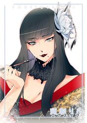 Rule 34 | 1girl, black collar, black hair, black kimono, blunt bangs, breasts, cleavage, collar, commentary request, eyeliner, final fantasy, final fantasy xiv, flower, grey eyes, hair ornament, hair stick, hand up, holding, holding smoking pipe, hyur, inset border, japanese clothes, kimono, kiseru, lace collar, long hair, looking at viewer, makeup, mole, mole under mouth, nikumeron, portrait, red lips, red trim, simple background, smoking pipe, solo, straight hair, tsurime, white background, white flower, yotsuyu goe brutus