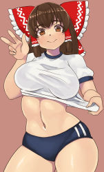 Rule 34 | 1girl, blue buruma, blush, bow, breasts, brown background, brown eyes, brown hair, buruma, closed mouth, commentary request, contrapposto, cookie (touhou), cowboy shot, frilled bow, frilled hair tubes, frills, gym uniform, hair bow, hair tubes, hakurei reimu, kanna (cookie), large breasts, long hair, looking at viewer, midriff, mo-fu, navel, red bow, shiny skin, shirt, short sleeves, sidelocks, simple background, smile, solo, touhou, white shirt