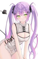 Rule 34 | 1girl, absurdres, bare shoulders, black ribbon, blush, breasts, chinese clothes, cleavage, colored inner hair, demon tail, ear piercing, green eyes, hair ornament, hairclip, highres, hololive, long hair, looking at viewer, medium breasts, multicolored hair, piercing, pink hair, purple hair, ribbon, solo, streaked hair, tail, tail ornament, tamamorh, tokoyami towa, twintails, virtual youtuber