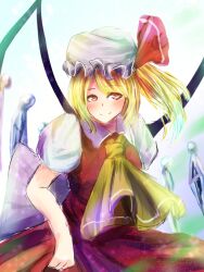 Rule 34 | 1girl, ascot, back bow, blonde hair, blush, bow, breasts, closed mouth, cowboy shot, flandre scarlet, hat, large bow, looking at viewer, medium hair, mob cap, multicolored wings, one side up, oversized clothes, puffy short sleeves, puffy sleeves, red eyes, red skirt, red vest, shirt, short sleeves, simple background, skirt, small breasts, smile, solo, teruteru12, touhou, vest, white background, white bow, white hat, white shirt, wings, yellow ascot