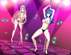 Rule 34 | 2girls, absurdres, arm support, artist request, bikini, black eyes, blue hair, blush, breasts, crossover, dancing, fairy tail, female focus, highres, juvia lockser, large breasts, long hair, looking at viewer, money, multiple girls, nipples, one piece, perona, pink hair, pole dancing, shiny skin, simple background, smile, steam, swimsuit, thong, thong bikini, topless, very long hair, wide hips