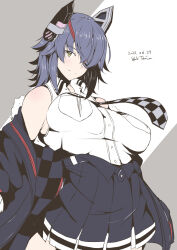 Rule 34 | 1girl, artist name, bare shoulders, black jacket, breasts, checkered necktie, closed mouth, dated, eyepatch, fur-trimmed jacket, fur trim, grey background, headgear, highres, jacket, jacket partially removed, kantai collection, large breasts, looking at viewer, necktie, pleated skirt, shirt, short hair, skirt, sleeveless, sleeveless shirt, smile, solo, taira yuuki, tenryuu (kancolle), tenryuu kai ni (kancolle), two-tone background, white background, white shirt, yellow eyes