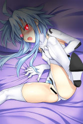 Rule 34 | 10s, 1girl, bad id, bad pixiv id, blanc (neptunia), blue hair, blush, breasts, censored, glowing, glowing eyes, kamia (not found), leg lift, leotard, neptune (series), open mouth, partially visible vulva, presenting, pussy, pussy peek, red eyes, shadow, short hair with long locks, small breasts, solo, white heart (neptune)