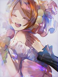 Rule 34 | 1girl, artist name, artist request, back bow, bare shoulders, bow, breasts, cherry blossoms, choker, cleavage, collarbone, dress, earrings, closed eyes, female focus, flower, from behind, gloves, hair between eyes, hair flower, hair ornament, highres, holding, holding microphone, hoshizora rin, jewelry, looking at viewer, looking back, love live!, love live! school idol festival, love live! school idol project, love wing bell, love wing bell (love live!), microphone, orange flower, orange hair, parted lips, pink bow, plaid, plaid dress, pleated, pleated dress, pom pom (clothes), pom pom hair ornament, short dress, short hair, sleeveless, sleeveless dress, smile, solo, strapless, strapless dress, upper body, veil, wedding dress, white choker, white dress, white gloves, white veil, white wrist cuffs, wrist cuffs, yellow flower