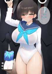 Rule 34 | 1girl, blue neckerchief, blue sailor collar, blush, breasts, brown eyes, brown hair, cellphone, covered navel, formal, highleg, highleg leotard, highres, large breasts, leotard, long sleeves, looking at viewer, neckerchief, original, phone, pyz (cath x tech), sailor collar, short hair, solo focus, suit, thighs, thought bubble, translation request, white leotard
