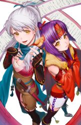 Rule 34 | 2girls, :d, aduti momoyama, arm guards, bare shoulders, black gloves, black thighhighs, blue scarf, breasts, chest sarashi, cleavage, fingerless gloves, fire emblem, fire emblem: radiant dawn, fire emblem heroes, foreshortening, from above, gloves, hair ribbon, half-siblings, hand on own chest, headband, highres, japanese clothes, long hair, long scarf, looking at viewer, medium breasts, micaiah (fire emblem), micaiah (ninja) (fire emblem), multiple girls, ninja, nintendo, official alternate costume, official alternate hairstyle, open mouth, ponytail, purple hair, red headband, ribbon, sanaki kirsch altina, sanaki kirsch altina (ninja), sandals, sarashi, scarf, scroll, shuriken, siblings, sisters, smile, thighhighs, weapon, white background, white hair, yellow eyes, yune (fire emblem), zouri