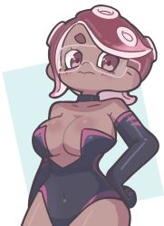 Rule 34 | 1girl, black choker, black leotard, breasts, choker, cleavage, closed mouth, covered navel, elbow gloves, gloves, hand on own hip, hekoningyou (waraningyou), highres, large breasts, leotard, looking at viewer, nintendo, octoling, octoling girl, octoling player character, off shoulder, red eyes, red hair, safety glasses, simple background, solo, splatoon (series), standing, suction cups, tentacle hair
