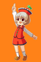 Rule 34 | 1girl, bad id, bad pixiv id, brown hair, chibi, hat, jirousan21, lyrica prismriver, open mouth, orange background, pointing, pointing up, pozesuke, short hair, simple background, smile, solo, tiptoes, touhou, yatarou (zombie worker)
