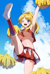 Rule 34 | 1girl, ahoge, alternate hairstyle, arm up, armpits, beeftanizoko, blonde hair, blue eyes, blue sky, blurry, blurry foreground, blush, breasts, cheerleader, cloud, crop top, cropped shirt, day, depth of field, dot nose, hachimiya meguru, hair ornament, hairclip, hand up, highres, holding, holding pom poms, idolmaster, idolmaster shiny colors, kneepits, large breasts, leg up, long hair, looking at viewer, midriff, miniskirt, navel, one eye closed, open mouth, pleated skirt, pom pom (cheerleading), pom poms, ponytail, red shirt, red shorts, red skirt, red socks, shirt, shoe soles, shoes, shorts, shorts under skirt, skirt, sky, sleeveless, sleeveless shirt, smile, sneakers, socks, solo, standing, standing on one leg, sweat, teeth, underboob, upper teeth only, white footwear