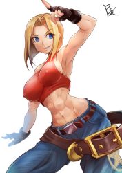 Rule 34 | 1girl, abs, armpits, baggy pants, bare shoulders, blonde hair, blue eyes, blue mary, breasts, commentary request, crop top, covered erect nipples, fatal fury, female focus, fingerless gloves, gloves, hair intakes, halterneck, impossible clothes, impossible shirt, large breasts, midriff, muscular, muscular female, pants, shirt, short hair, sideboob, solo, sowel (sk3), the king of fighters, toned