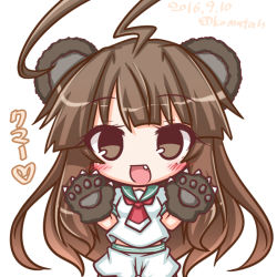 Rule 34 | 1girl, :d, ahoge, animal ears, animal hands, bear ears, brown eyes, brown hair, dated, fang, gloves, hands up, kantai collection, komakoma (magicaltale), kuma (kancolle), long hair, looking at viewer, neckerchief, open mouth, paw gloves, puffy shorts, red neckerchief, school uniform, serafuku, shirt, short sleeves, shorts, smile, solo, translated, twitter username, very long hair, white shirt, white shorts